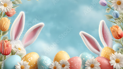 Obraz na płótnie Pastel Easter Illustration Spring Flowers, Eggs, and Bunny Ears w salonie