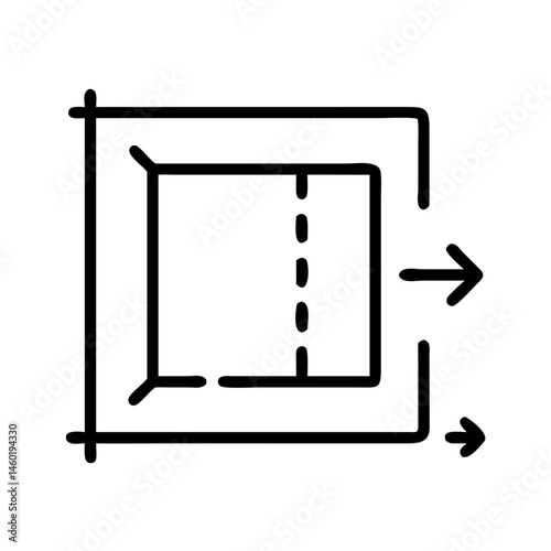 black outline icon of real estate floor plan presentation with directional arrows and dashed interior wall, minimalist vector style on white background