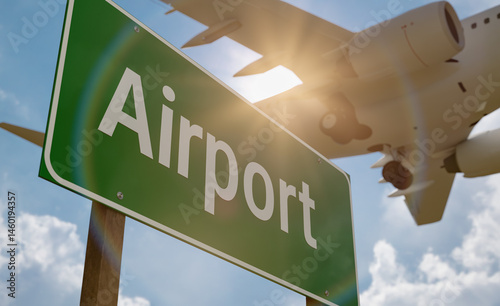 Airport Green Road Sign with Low Flying Airplane Above.