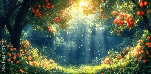 Sunlit orange grove, magical forest, vibrant flowers, idyllic scene