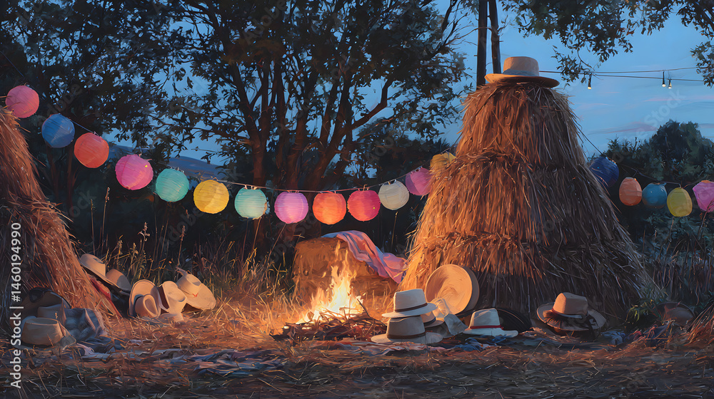 Enchanting Dusk Bonfire Scene with Hay Bales and Lanterns