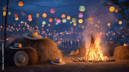 Obraz na płótnie Evening Bonfire Gathering Illuminated Dusk Scene with Hay Bales and Lanterns w salonie