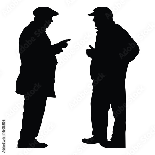 Two Men Silhouettes Engaging in Conversation, Discussion, Dialogue, Gesture