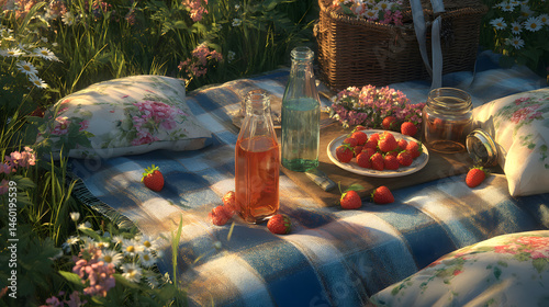 Obraz na płótnie idyllic summer picnic scene strawberries, flowers, and sunshine w salonie