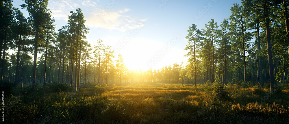 Obraz premium Sunrise Through Pine Trees In A Forest