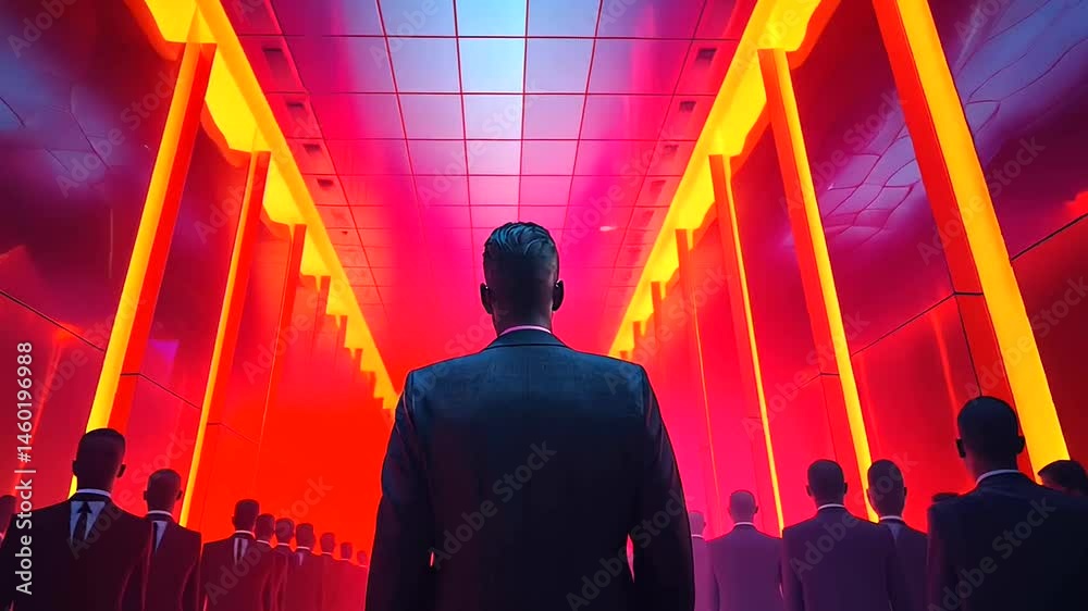 Leader marches forward into illuminated corridor followed by cadre