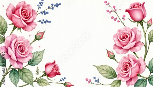 Delicate watercolor roses & leaves, romantic pastel hues, textile, pastel, pretty