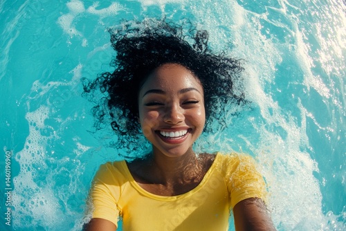 Stunning and hot happy black young woman in yellow tight t-shirt enjoying turquoise sea, splashes around her. Bright Ñommercial style. Happy stress-free getaway conceptual art.