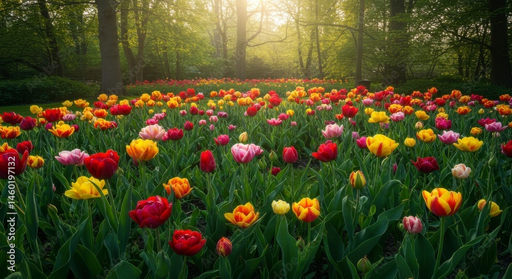 Fototapeta premium Colorful tulip field in sunlight