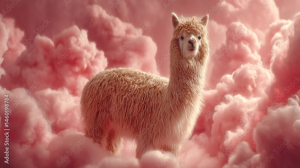 Fototapeta premium An animal with fluffy fur standing against the backdrop of fluffy clouds.