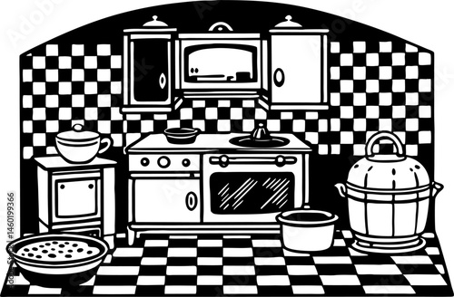 A black and white illustration depicts a vintage kitchen scene with a stove, oven, cabinets, a checkered floor and backsplash, and various cooking utensils.