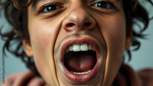 A close-up photo of a person's face with their mouth open, useful for various situations where an expression like this is needed