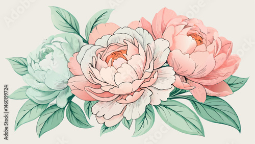 A delicate arrangement of three watercolor-style peony flowers in shades of pale pink and light green, with soft green leaves, against a light beige background.