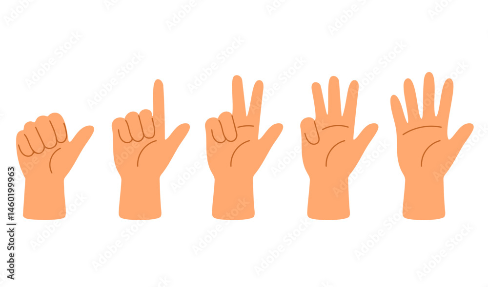Collection of hand gestures counting from one to five using raised fingers on a human hand in various views Collection of hand gestures counting from one to five using raised fingers on a human hand in various views