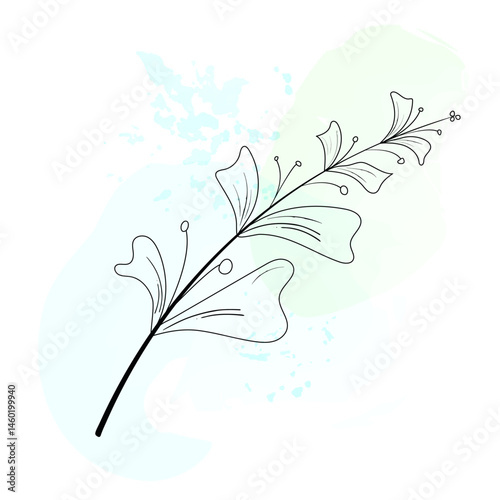 Graphic branch of a plant on a background with green and blue spots. A twig of a plant. A doodle plant.  An abstract element. Template for the design