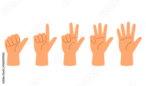 Collection of hand gestures counting from one to five using raised fingers on a human hand in various views