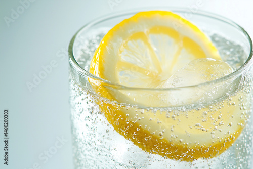 Glass of sparkling lemonade with a slice of lemon and ice cubes, creating a refreshing summer drink