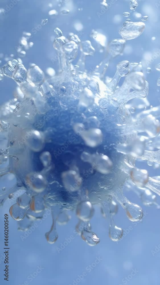 Abstract microscopic viral cell rendering with clear, translucent spikes against a light blue background for scientific research concepts. Abstract microscopic viral cell rendering with clear, translucent spikes against a light blue background for scientific research concepts.