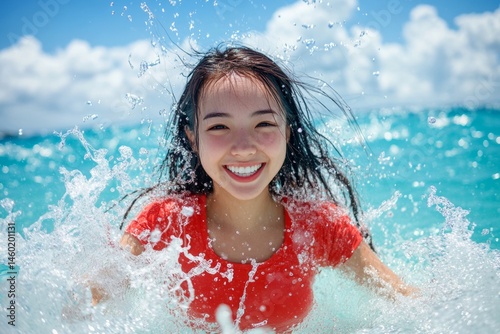 Gorgeous and hot happy asian young woman in red tight t-shirt enjoying turquoise sea, splashes around her. Bright Ñommercial style. Happy stress-free getaway concept art.