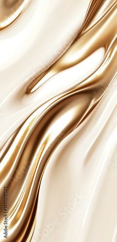 Closeup of smooth creamy cosmetic texture with waves of milky white cream and golden oil interspersed for product packaging the milky white cream has a soft and shiny appearance with.j photo