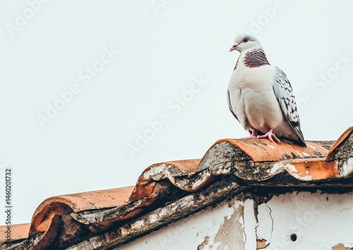 A pigeon perched atop a terracotta roof