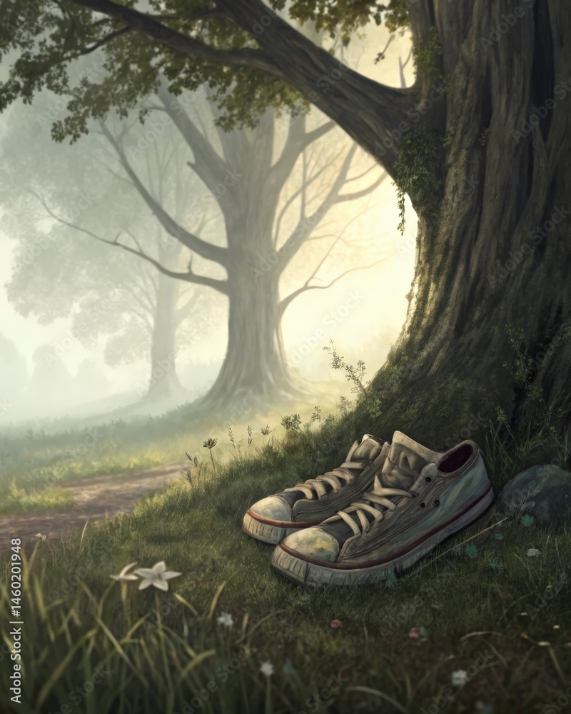 A pair of wornout shoes rests at the base of a tree symbolizing the passage of time and the forgotten dreams of childhood adventures.