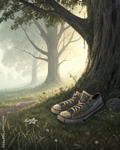 Obraz na płótnie A pair of wornout shoes rests at the base of a tree symbolizing the passage of time and the forgotten dreams of childhood adventures. w salonie