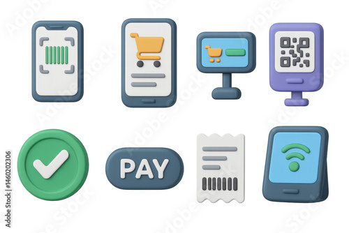 Digital shopping icons: barcode, cart, qr code, payment, and wifi symbols in 3d illustration
