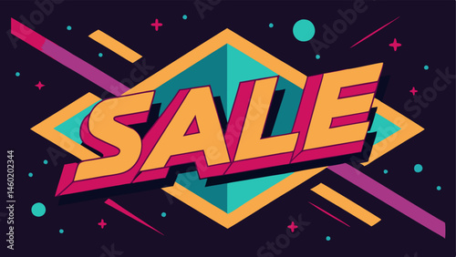 Neon Sale Sign A retroinspired neon sign that says SALE in bold letters surrounded by a colorful geometric background to enhance its visibility and allure.