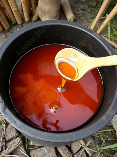 Molasses is being made from sugarcane juice in a large iron pot in a rural area, this delicious sugarcane molasses will be used to make sugar in the factory in the future