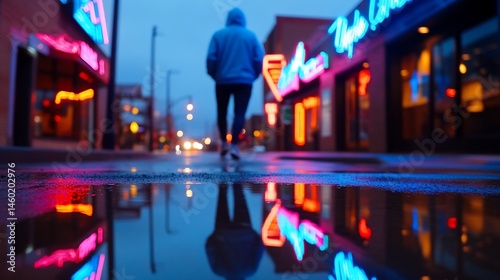 Urban Reflections, A solitary figure walking into the neon illuminated night