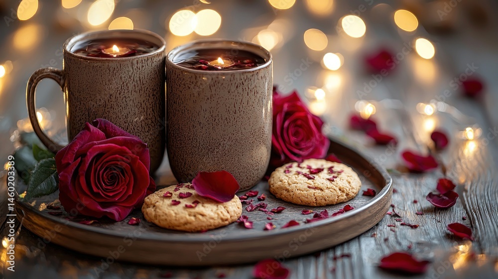 Two mugs of tea with floating candles, surrounded by roses and cookies on a rustic tray. Warm, romantic setting with bokeh lights Two mugs of tea with floating candles, surrounded by roses and cookies on a rustic tray. Warm, romantic setting with bokeh lights