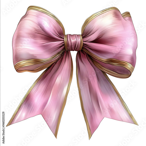 flamboyant and extravagant bow pink organza and gold ribbon as clipart detailed handdrawn illustration in a vintage style intricate and detailed isolated on a white background waterc.j photo