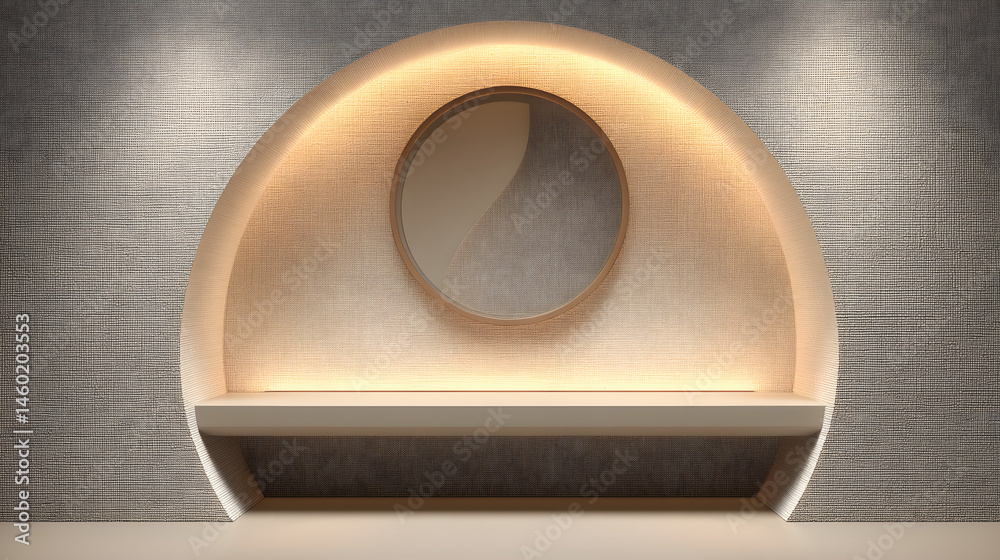 Modern Minimalist Wall Alcove with Circular Mirror and Subtle Lighting