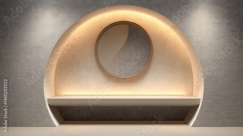 Obraz na płótnie Modern Minimalist Wall Alcove with Circular Mirror and Subtle Lighting w salonie