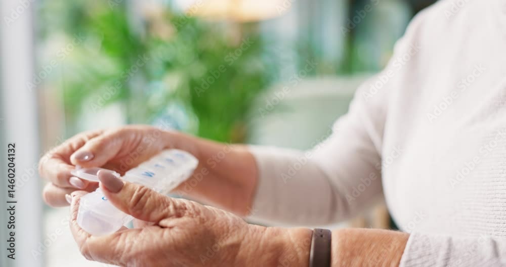 Pills, medicine and box with hands of old woman for healthcare schedule, diabetes tablets or healing. Medical drugs, prescription capsule or elderly care with closeup of senior person in nursing home