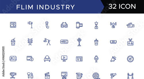Film industry set icon. Clapperboard, video camera, film reel, movie reload, frame display, video recorder, actor slate, image gallery, video player, frame loop, image rotation, movie script