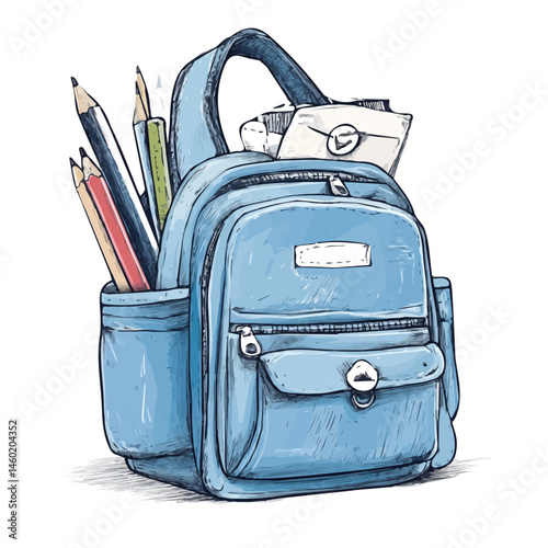 2D flat School Backpack With Supplies vector illustration, isolated on a white background.