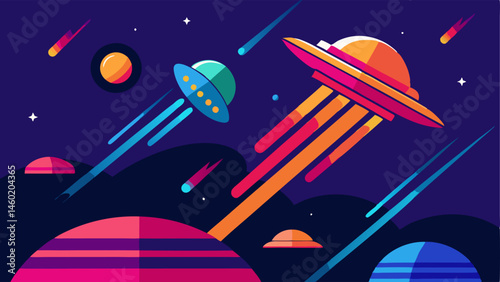 Retro Spacecrafts Small illustrated spacecraft flying in the top section of the poster designed with bright colors and glowing trails adding to the futuristic theme.