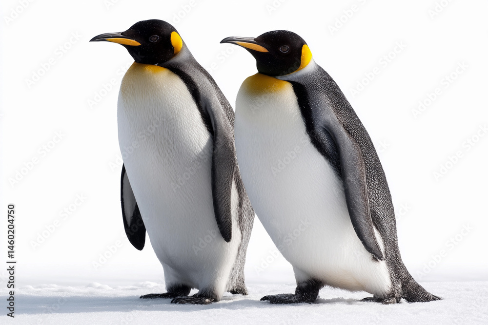 Fototapeta premium Two emperor penguins standing side by side on a snow-covered landscape in Antarctica during daylight
