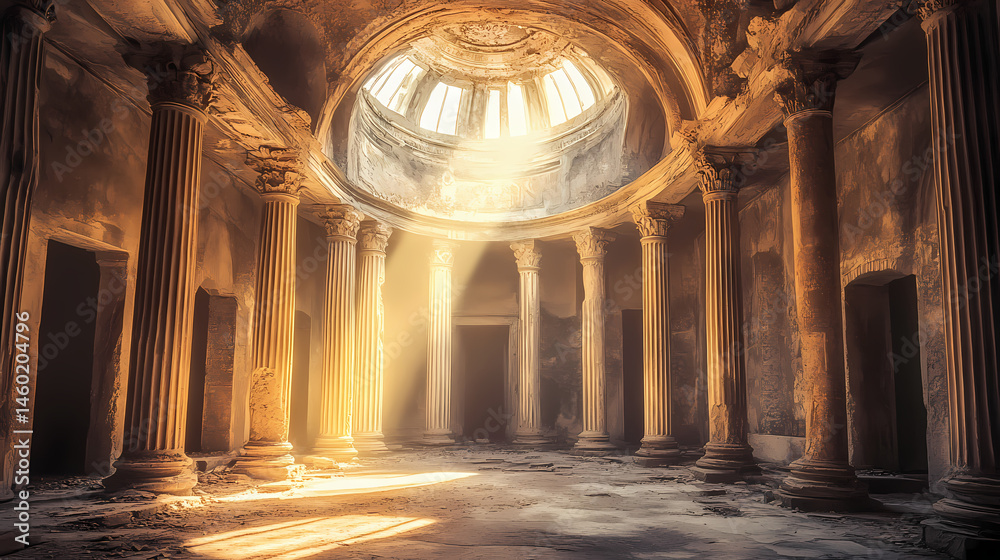 Obraz premium Ancient roman temple interior, sunlight, columns, dome. [Hollow Realms] | Abandoned Classicism | ruined dome. Illustration