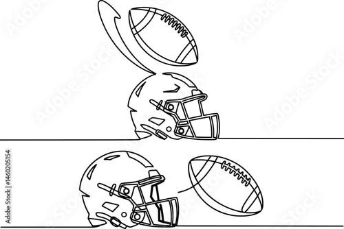 American Football Helmet and Ball Line Drawing, Minimalist Sports Illustration