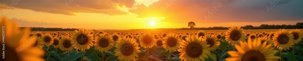 Fototapeta premium Golden hour sun sets over vibrant sunflowers and cornfield , rays, idyllic, peaceful