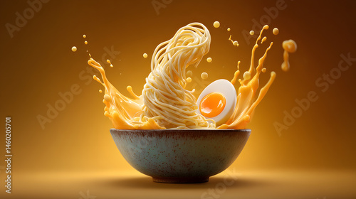 Obraz na płótnie Dynamic Ramen Noodles and Egg Splash A Culinary Masterpiece w salonie