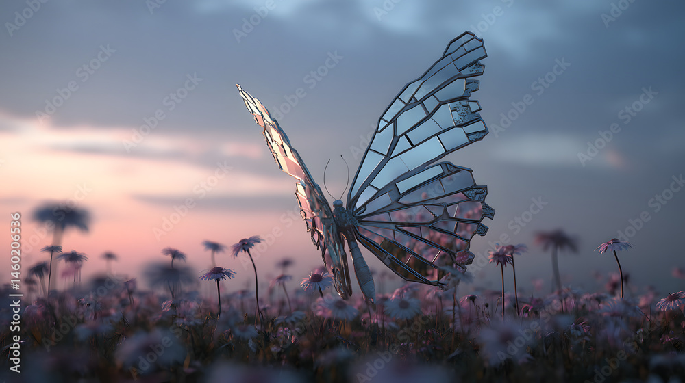 Mirror Butterfly in a Field of Flowers at Sunset