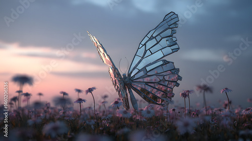 Obraz na płótnie Mirror Butterfly in a Field of Flowers at Sunset w salonie