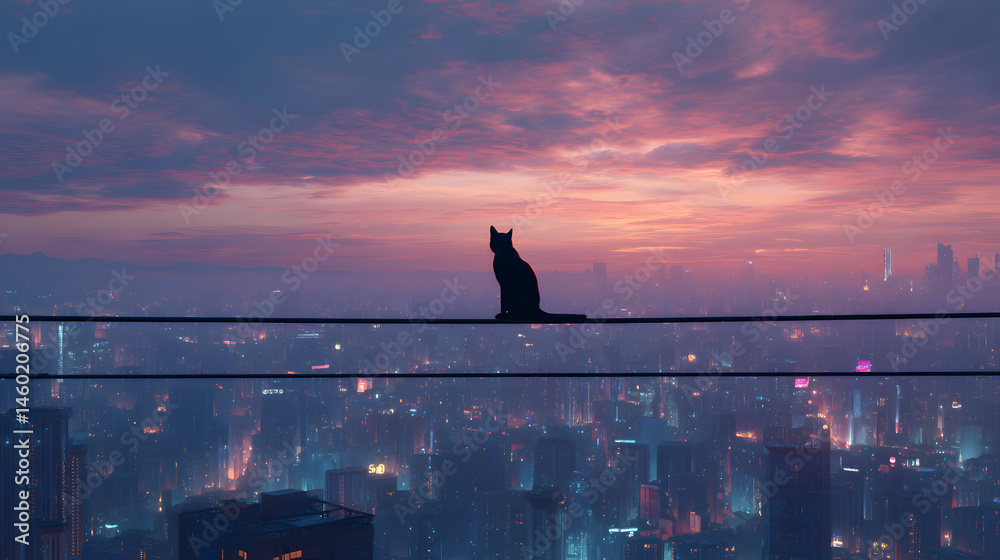 Silhouette of a Cat Perched on a Wire Above a Cityscape at Sunset