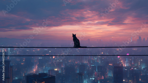 Silhouette of a Cat Perched on a Wire Above a Cityscape at Sunset