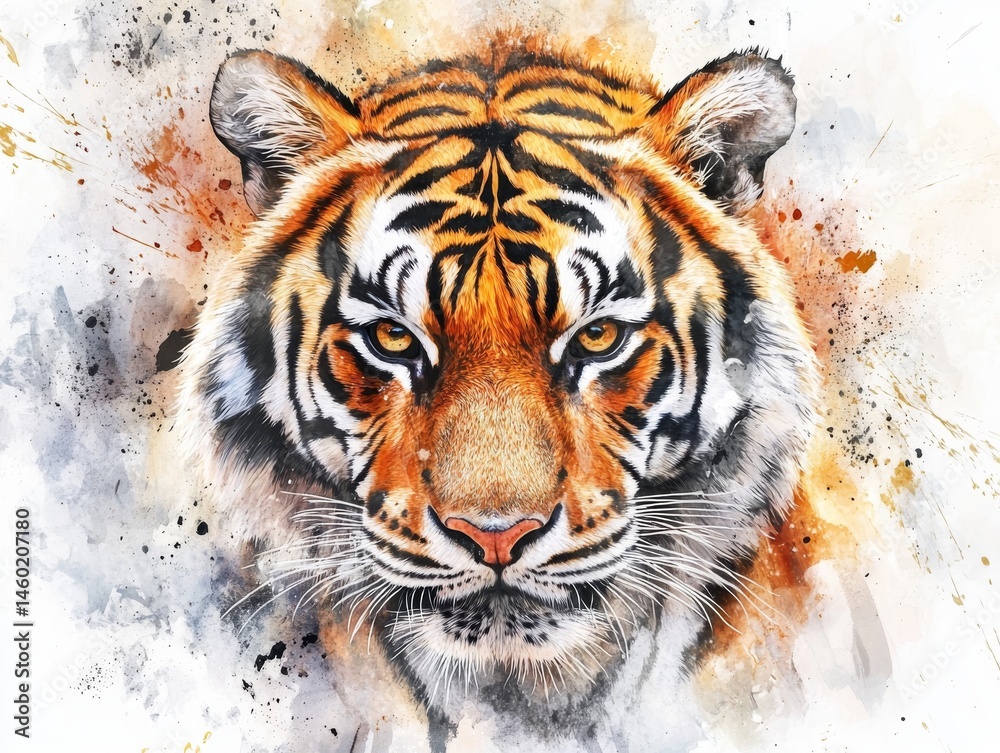 Naklejka premium Fierce tiger portrait in watercolor with dynamic splashes