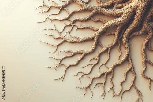 Detailed close-up of a large tree root system